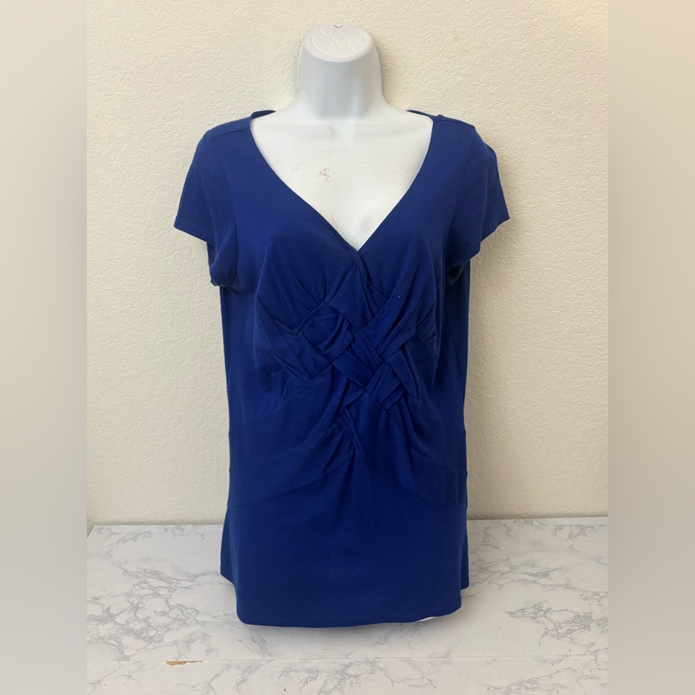 St John's Bay Womens Top Sz M Blue Ruched Short Sleeve Pullover V Neck Blouse